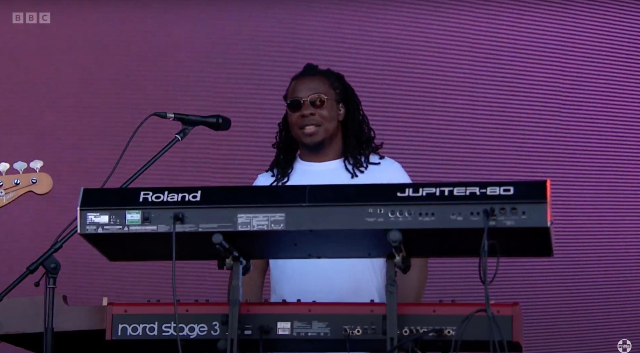 Dan on the Roland Jupiter-80 and Nord Stage 3 against a purple LED wall